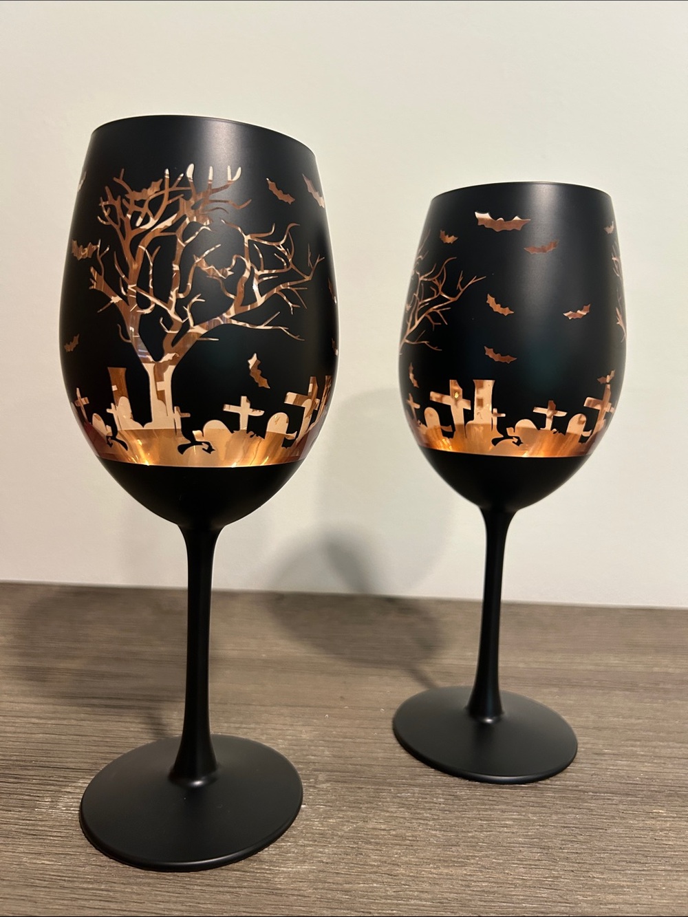 Halloween Matte Black Wine Glasses with Copper Graveyard Design